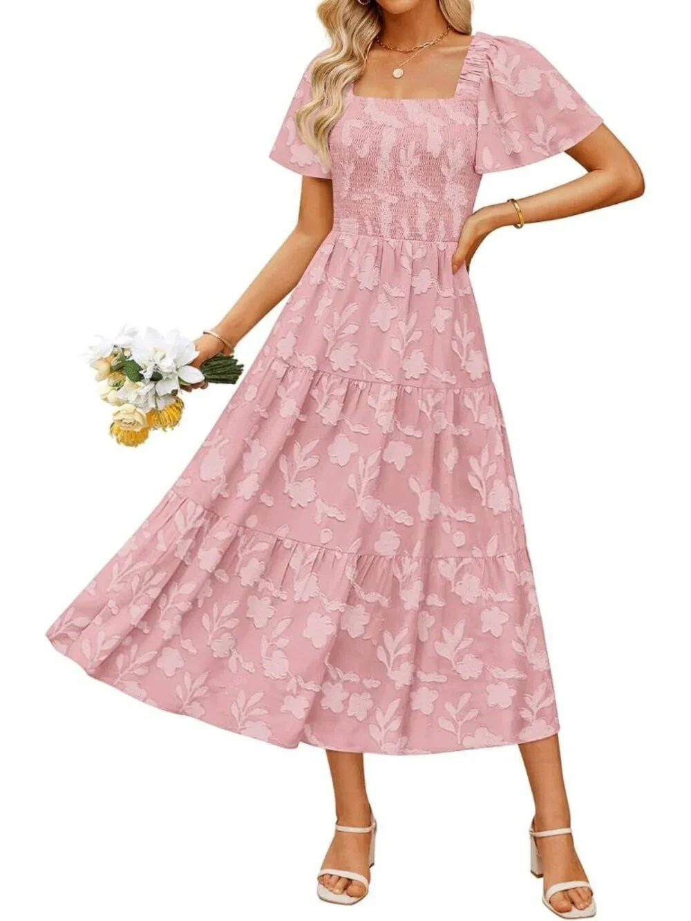 Women‘s Summer Boho Floral Midi Dress Pink Short Sleeve Square Neck Flowy Beach
